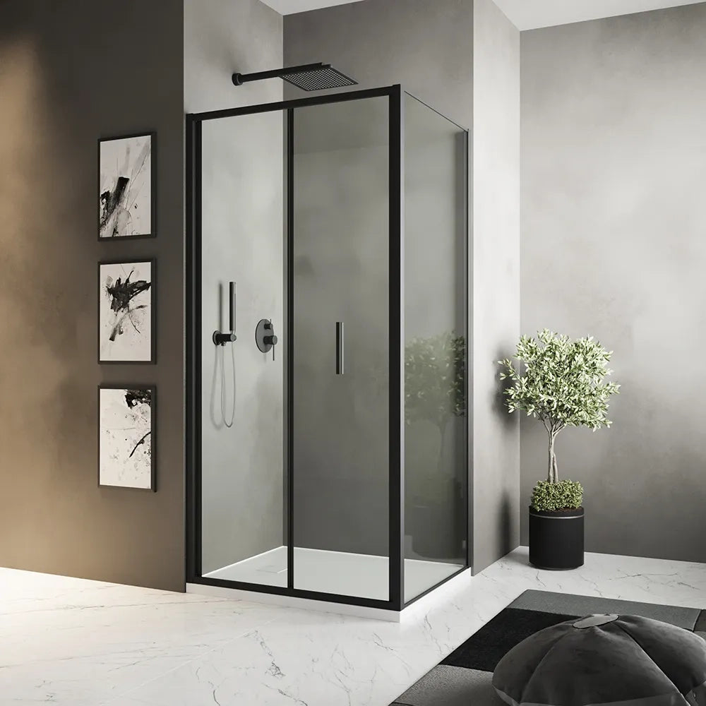 Box doccia slim 90x90cm con porta a libro e parete fissa profili nero opaco e vetro 6mm trasparente h190| Portofino