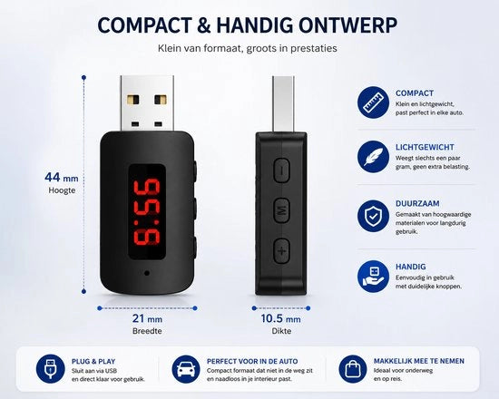 Trasmettitore Bluetooth 5.4 Auto - Ricevitore USB - Chiamata a mano - Trasmettitore FM