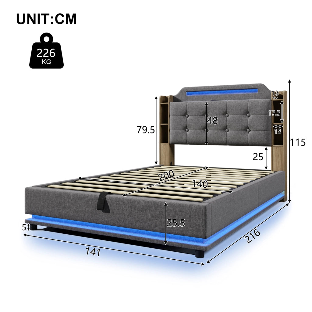 LETTO Imbottito 140x200 cm Grigio in Lino con LED e USB