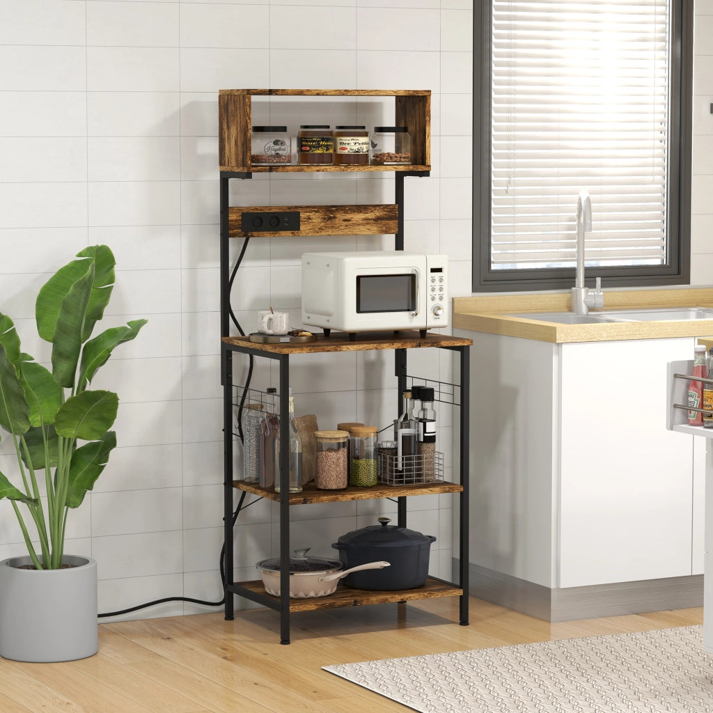 Mensola per microonde con 2 prese USB e 5 ganci ¨C zephmum ¨C 60x42x153 cm marrone