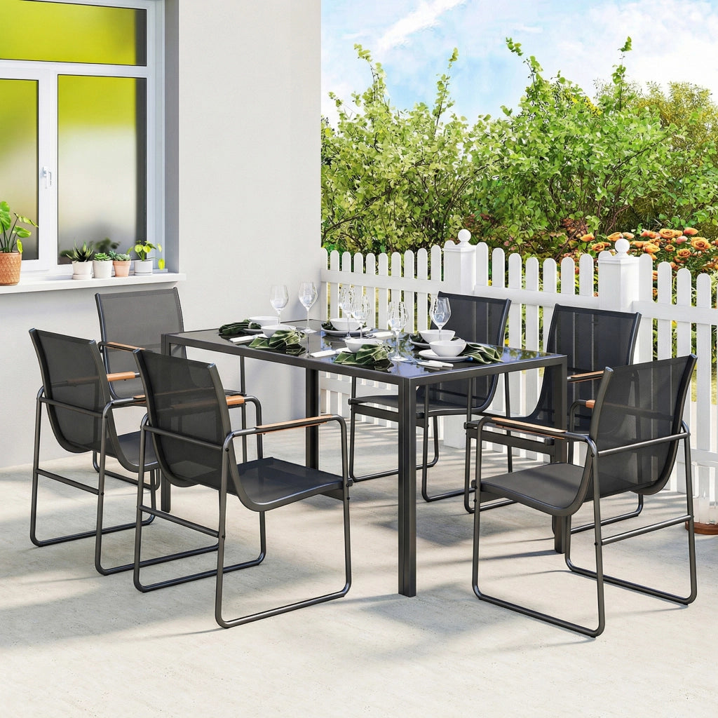 Set Pranzo Giardino 7 Pezzi 6 Persone ¨C Xylo ¨C Tavolo Vetro Sedie Acciaio Nero