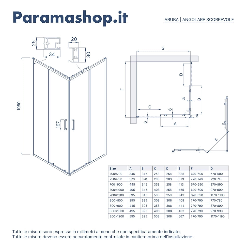Box doccia  75x75 cm scorrevole vetro 6mm trasparente con trattamento anticalcare h195cm scorrevole | Aruba