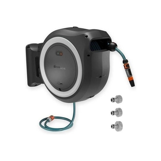 GARDENA 18647-55 Avvolgitubo a Parete PowerRoll XXL Automatico con Batteria 40 m Diametro Tubo 13 mm Angolo Rotazione 180° Funzione Roll Control Plus colore Grigio-bianco
