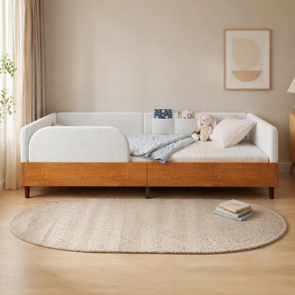 LETTO imbottito 90x200 cm in velluto bianco e legno
