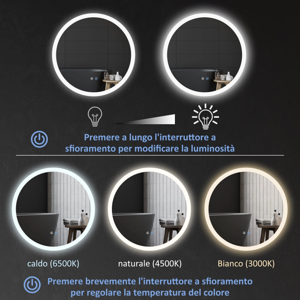 Specchio Bagno LED Antiappannamento con 3 Colori e Luminosit¨¤ Regolabile. in Metallo e Vetro. ?70x3 cm