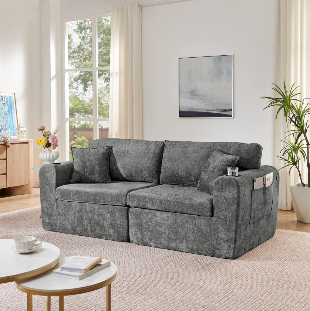 Divano relax a 2 posti con USB; tasche laterali e portabicchieri; 220x100x89 cm; grigio