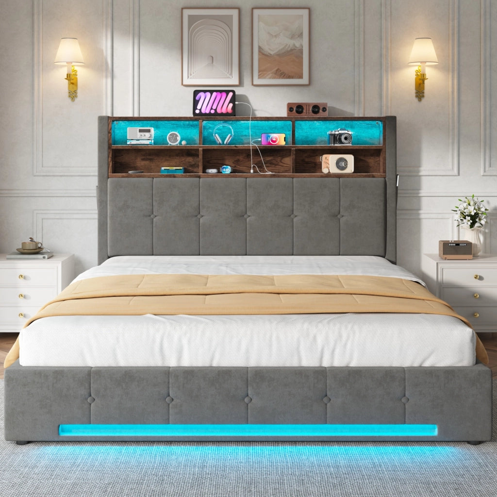 DESMIU Letto contenitore 160 × 200 cm 2 posti con USB-C, LED, 6 scomparti, senza materasso, in velluto grigio scuro