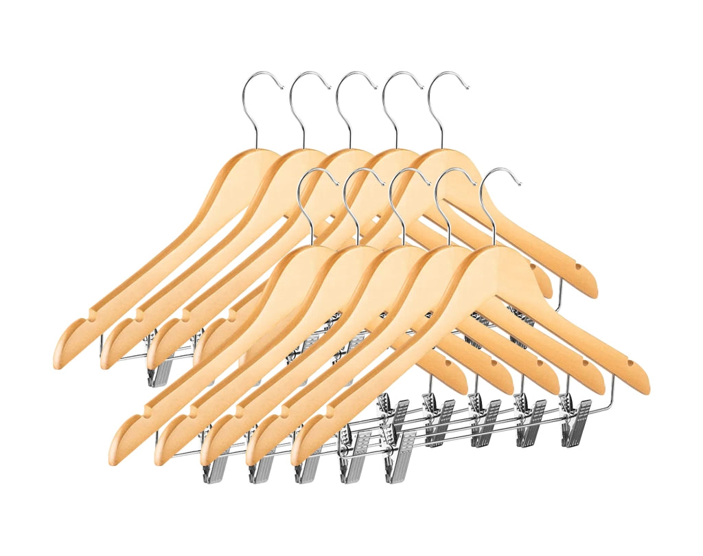Grucce In Legno Naturale Con Clip Regolabili 10 Pezzi Appendino Armadio Appendiabiti Pantaloni Gonne Giacche Gancio Girevole 360°