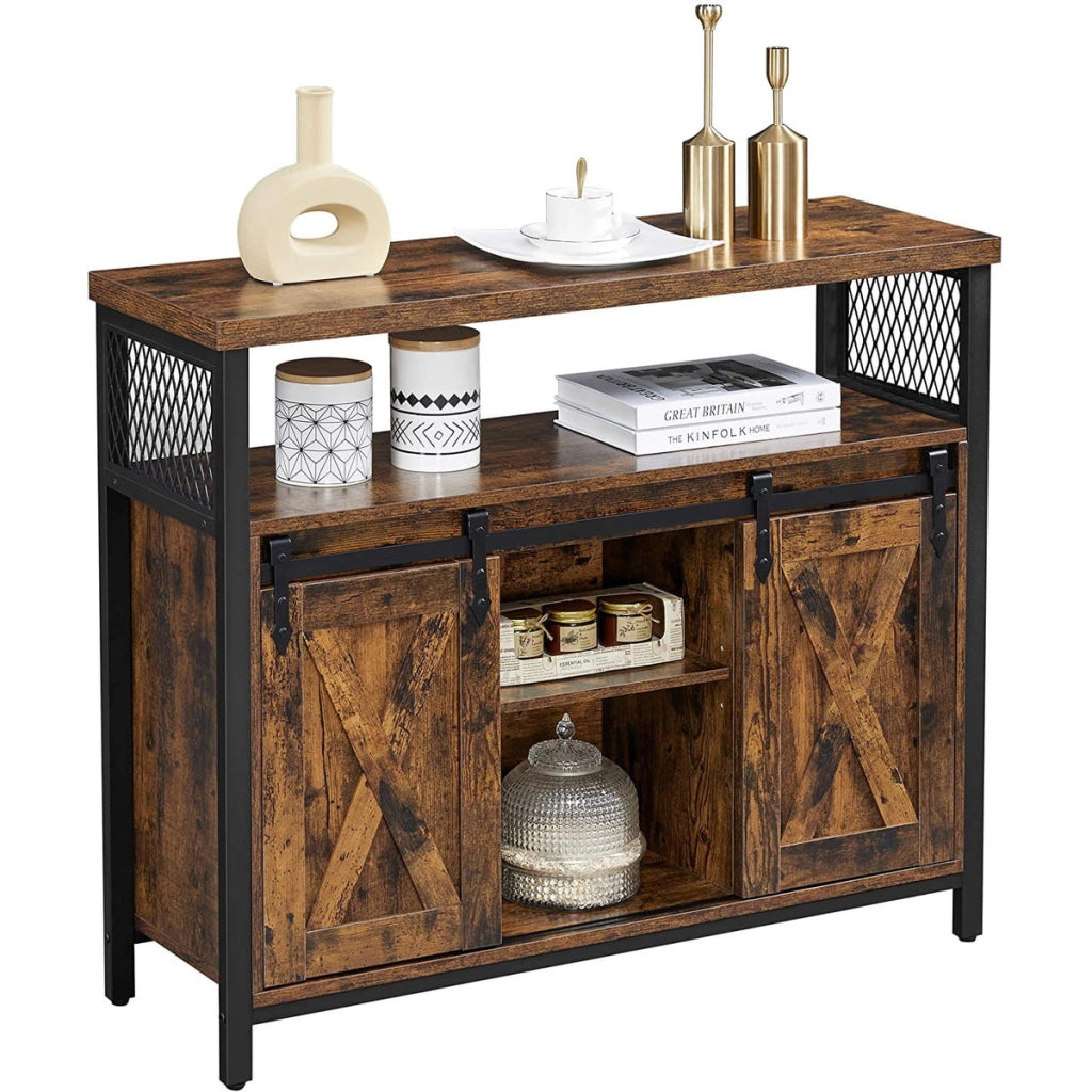 Credenza Industriale Rustica con Ante Scorrevoli in Legno e Metallo