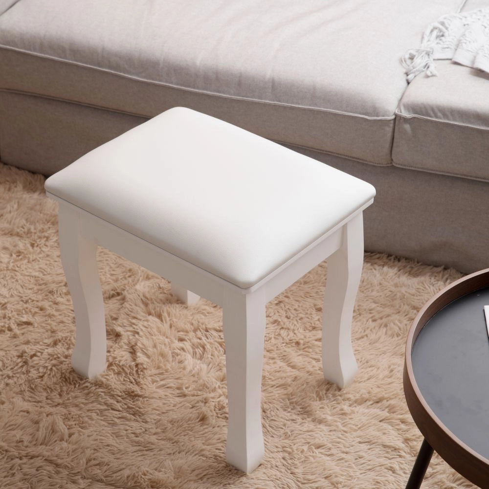 Pouf da camera Sgabello trucco con gambe in legno massiccio e piedini antiscivolo, Bianco
