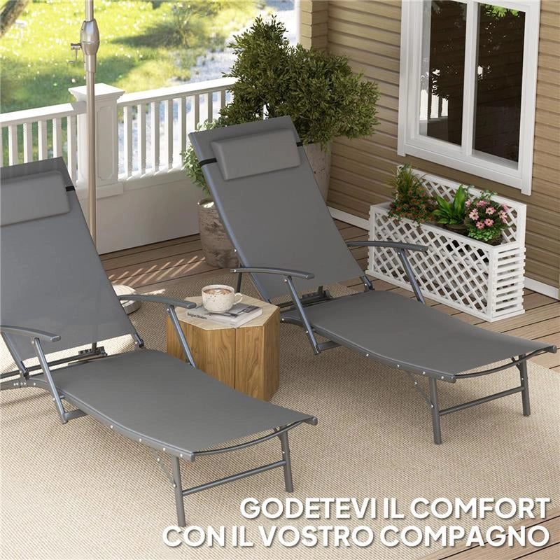 SET 2 SDRAIO DA GIARDINO PIEGHEVOLI CON SCHIENALE REGOLABILE SU 4 LIVELLI E CUSCINO GRIGIO
