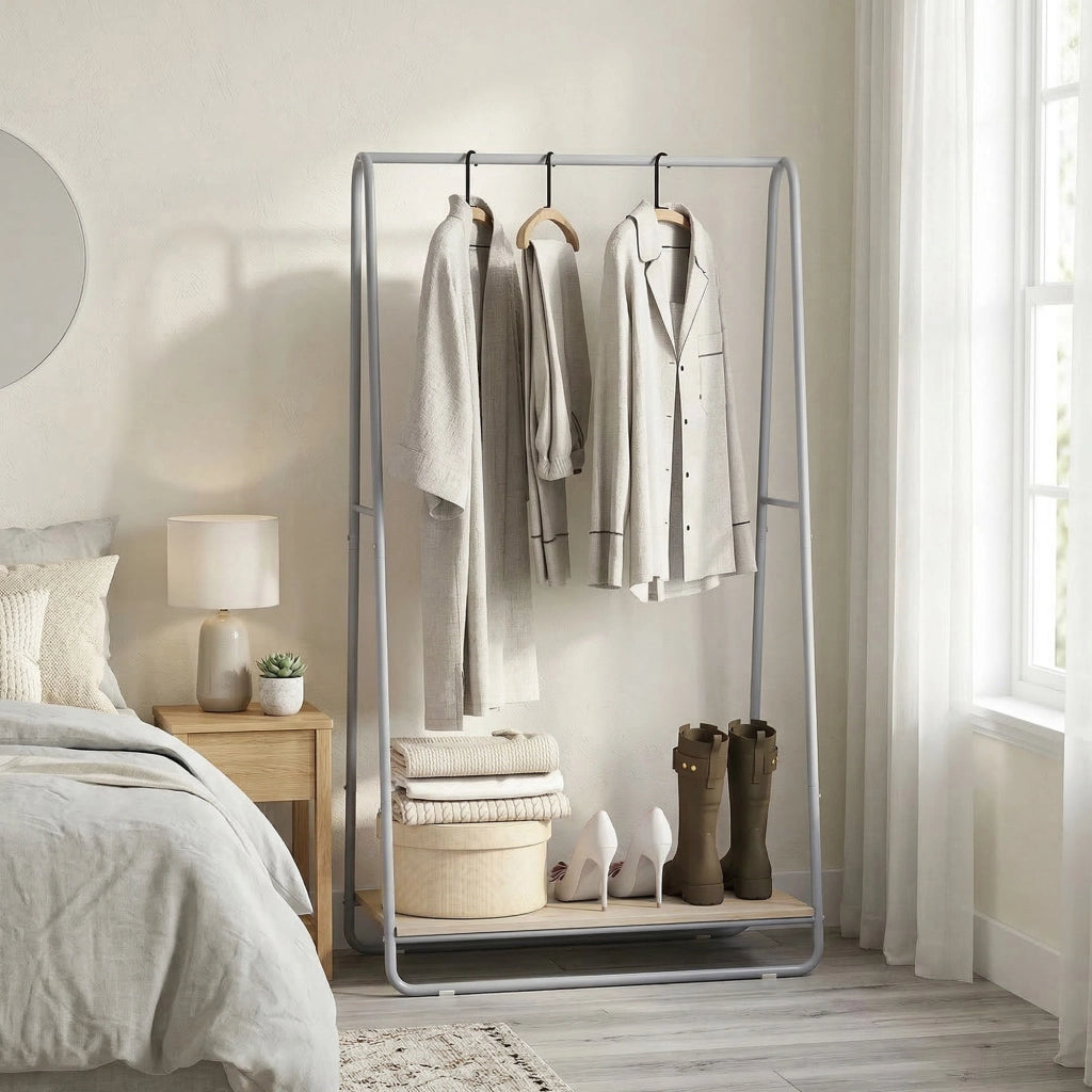 Appendiabiti con scarpiera ¨C Xylo ¨C 3 in 1 metallo grigio e legno naturale
