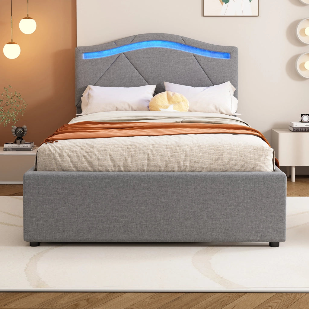 Letto contenitore 90×200 cm; letto singolo con 2 cassetti; LED regolabile; testiera regolabile; senza materasso; in lino e MDF; grigio