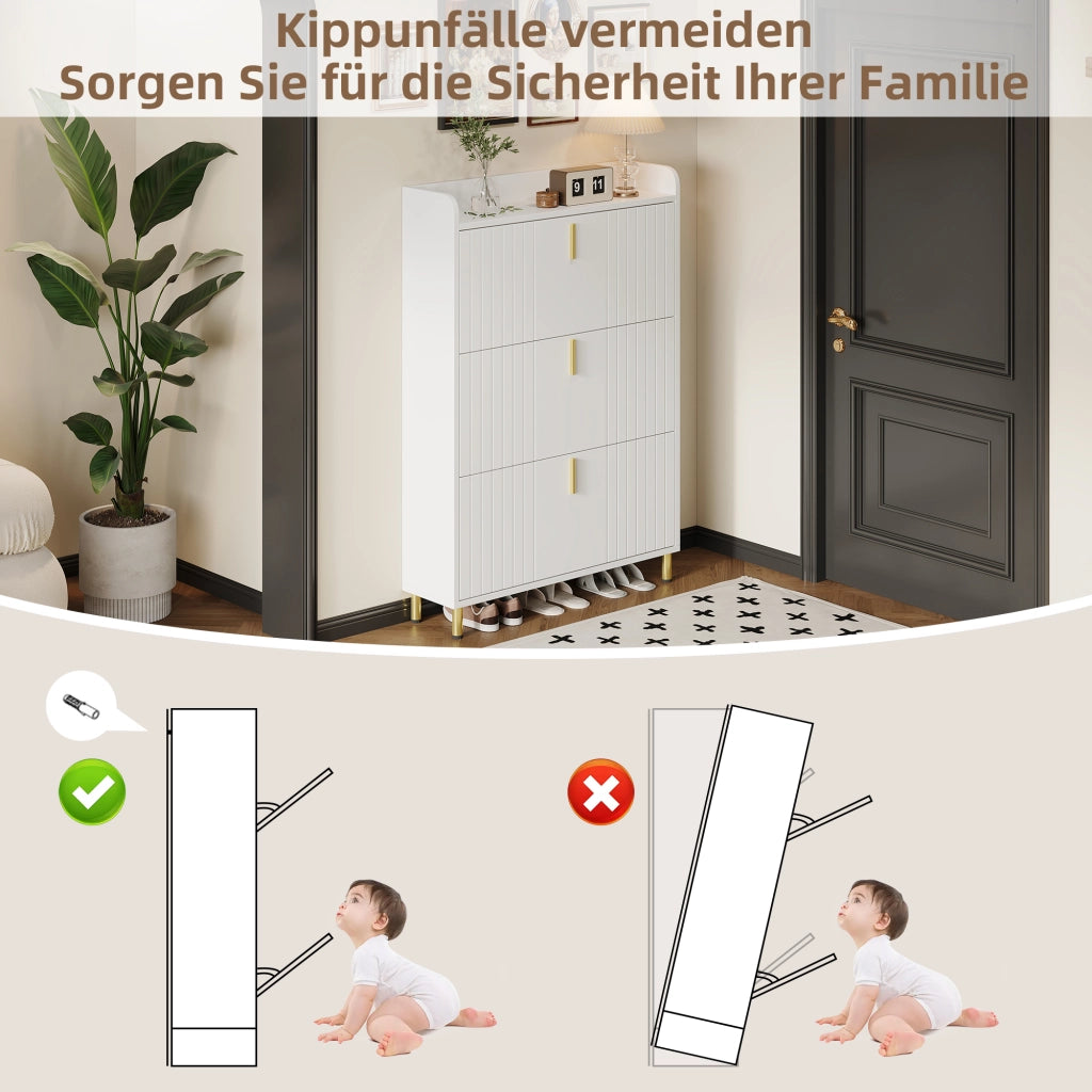 Scarpiera con 3 ribalte e ripiani regolabili in MDF bianco opaco con piedini e maniglie oro 80 × 23 × 123.5 cm