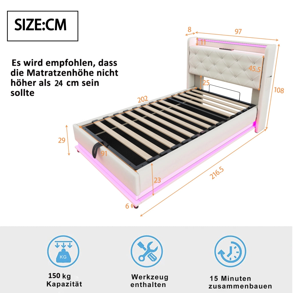 LETTO Imbottito 90x200 cm Beige con LED, USB e contenitore idraulico