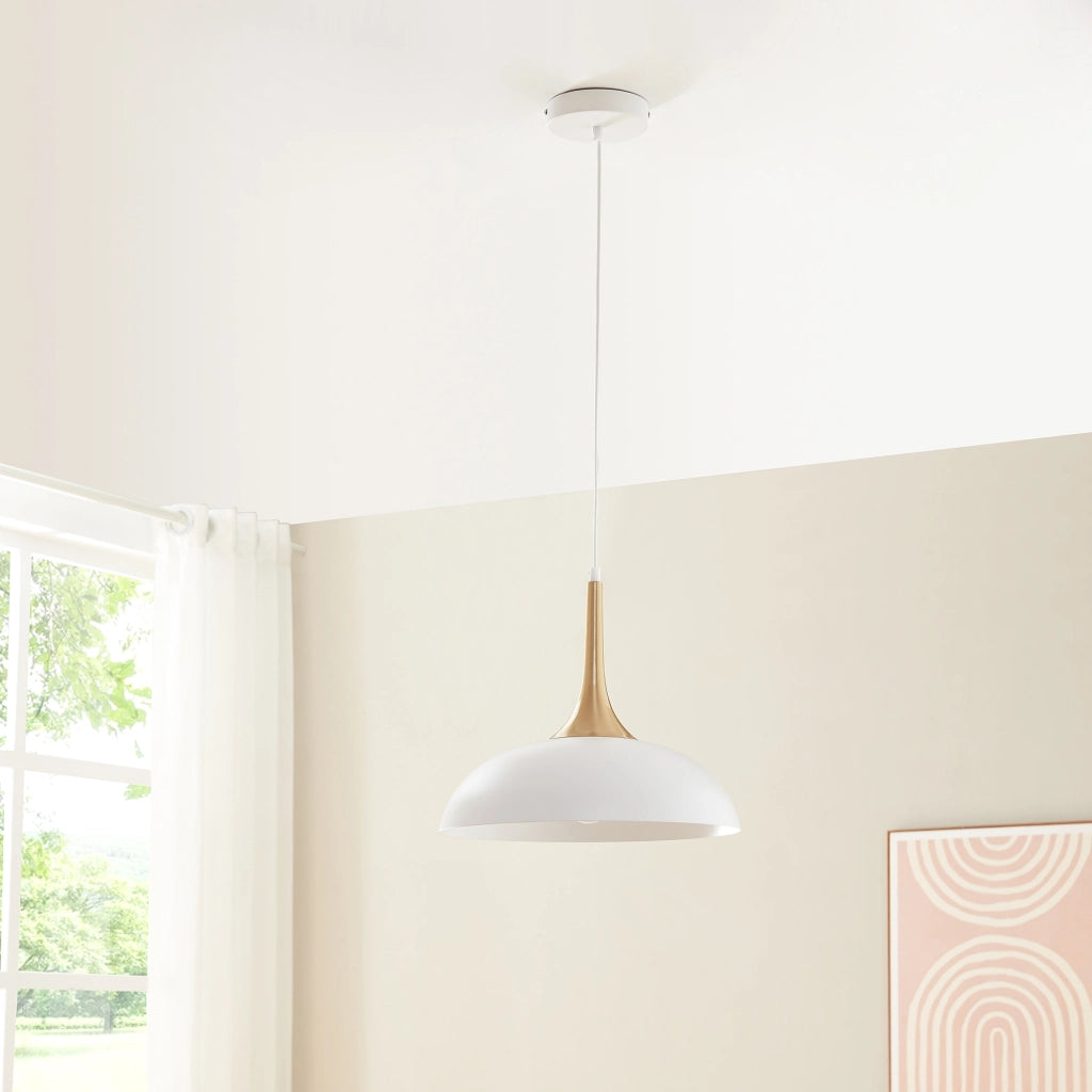 Lampadario a Sospensione Blairgowrie con Paralume Semisferico in Metallo - Bianco / Ottone lux.pro