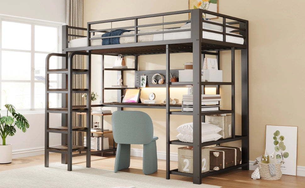 DESMIU Letto a soppalco 90 × 200 cm 1 piazza con scrivania, LED, prese e ripiani, senza materasso, in metallo, nero