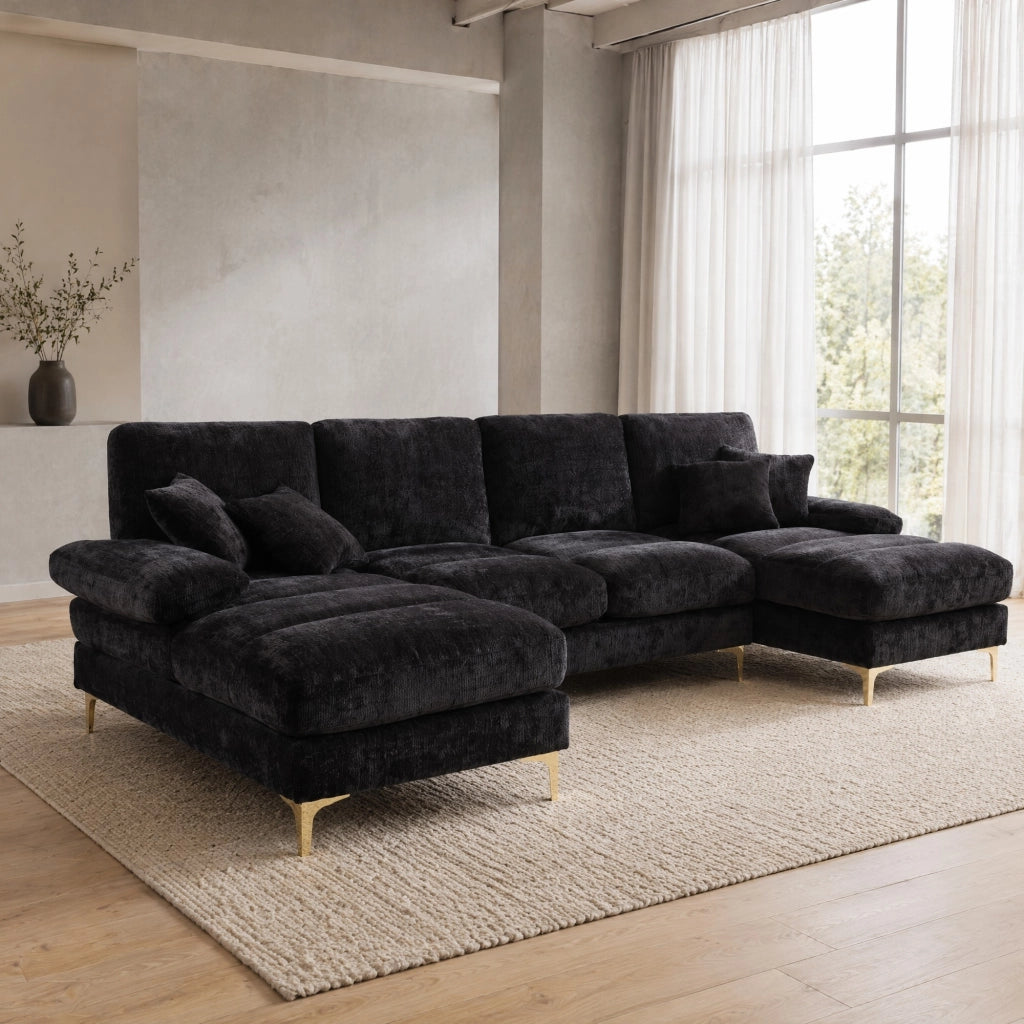 Divano Panoramico a U con Doppia Chaise Longue, 4 Cuscini Schienale, Gambe in Metallo, Ciniglia Nero 272 × 136 × 88 cm