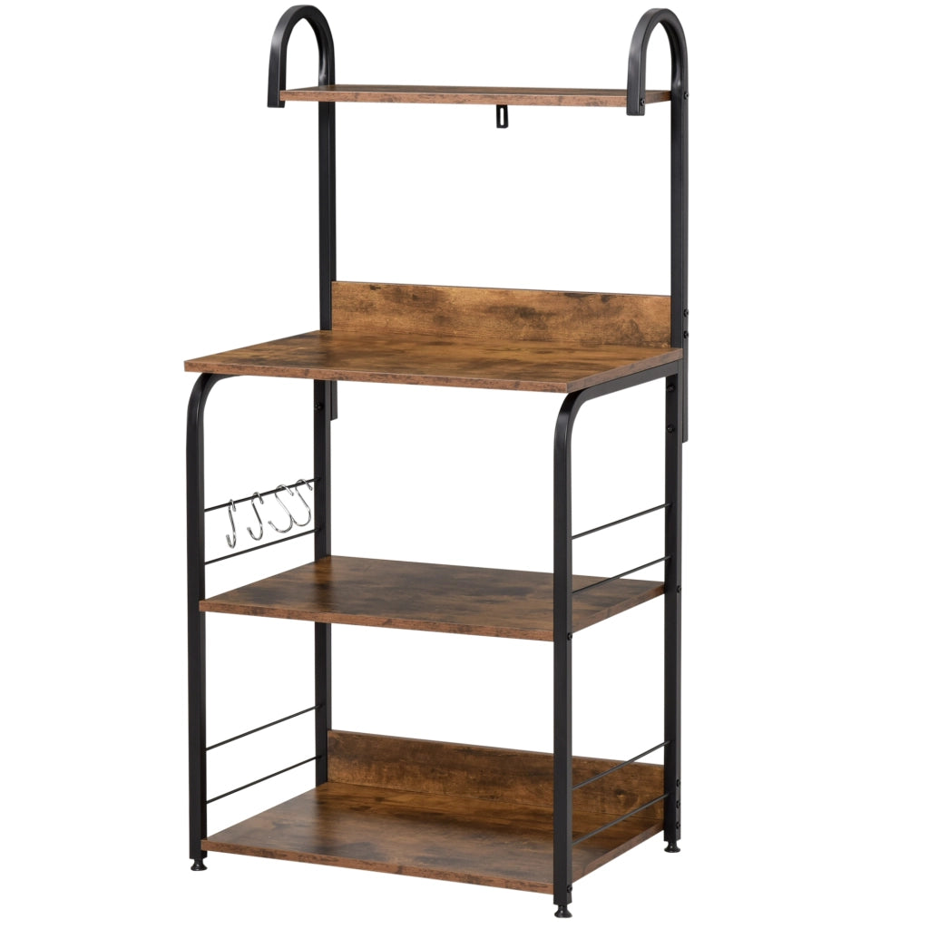Mobiletto per Microonde, Scaffale da Cucina a 4 Ripiani e 4 Ganci, Mobile Cucina in Acciaio e Legno 60x40x125cm, Marrone Rustico