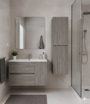 Mobile Bagno HEIMDALL Già Montato 2 cassetti e porta, lavabo e specchio Rovere affumicato 70x40 cm con colonna
