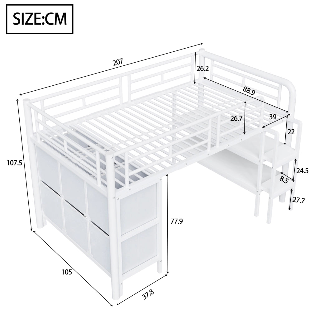 Letto a soppalco per bambini 90×200 cm 1 posto con cassetti e mensole; senza materasso; in metallo e MDF; bianco