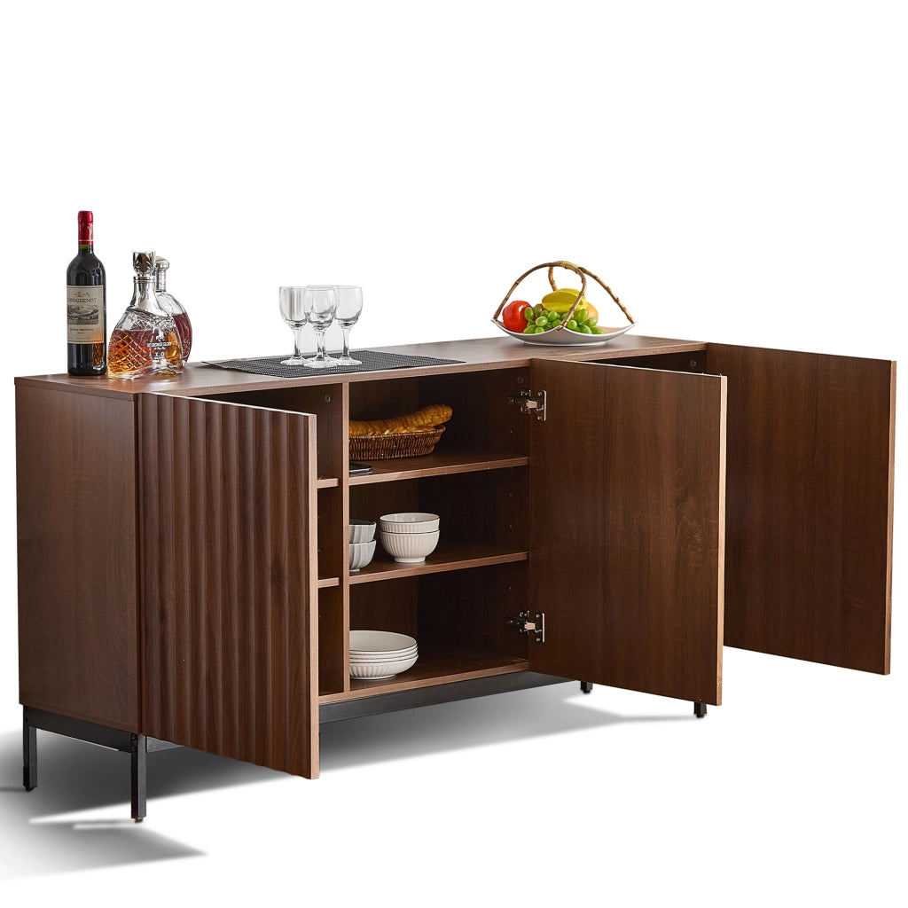 Sideboard Mid-Century Modern - Zephmum - 150x40x80cm Eiche dunkel gemasert, 3 T¨¹ren, 3D-Design, verstellbare B?den