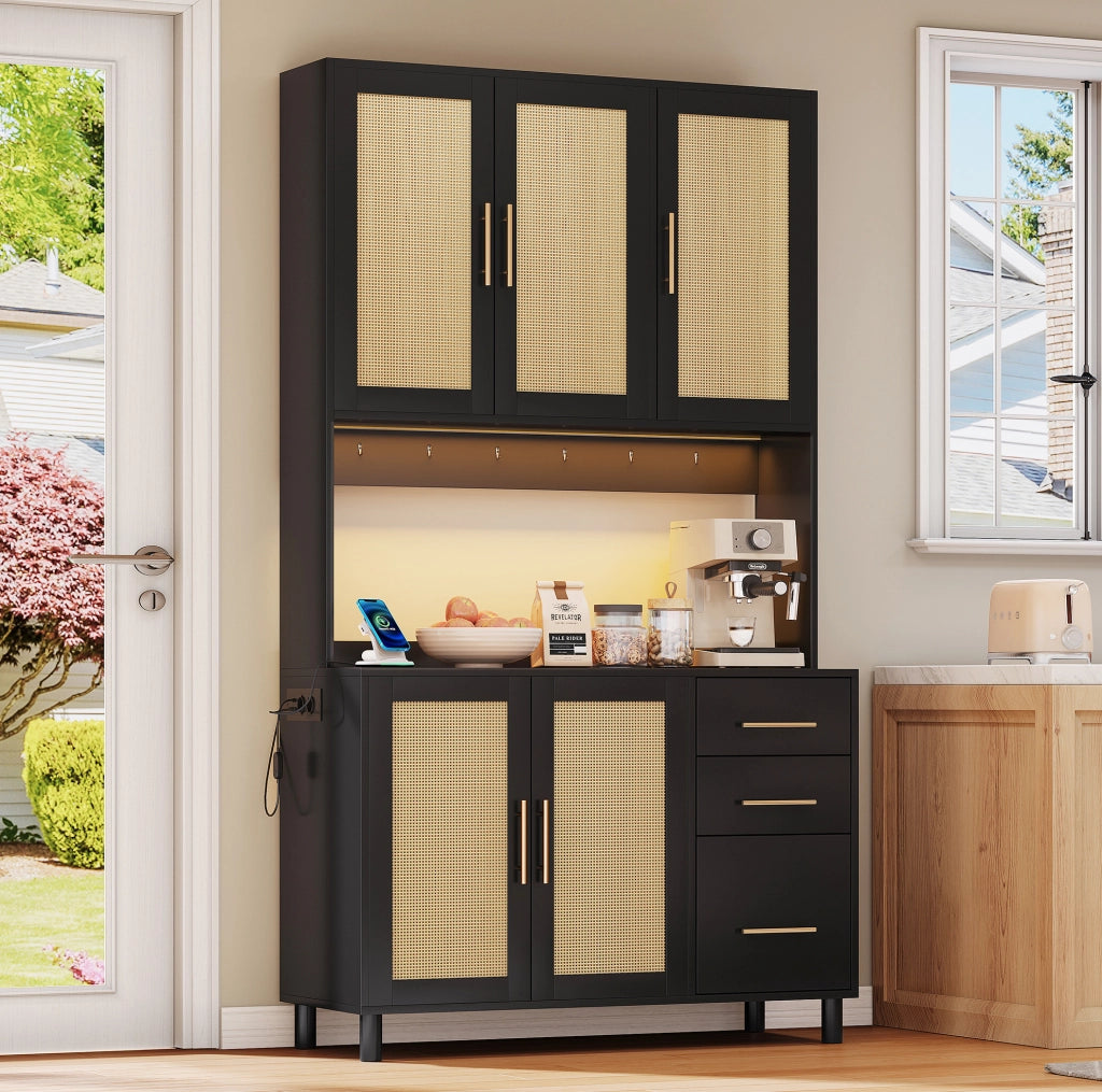 Credenza con LED controllabile da app in rattan; MDF; nero