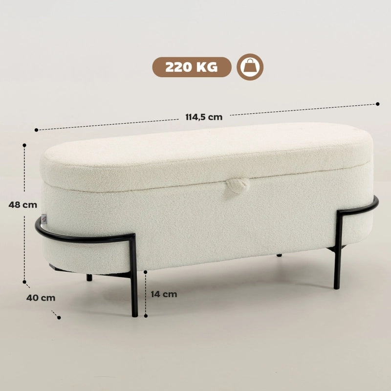 Panca contenitore imbottita con vano da 69 L, seduta in poliestere color crema bianco, 114,5 cm