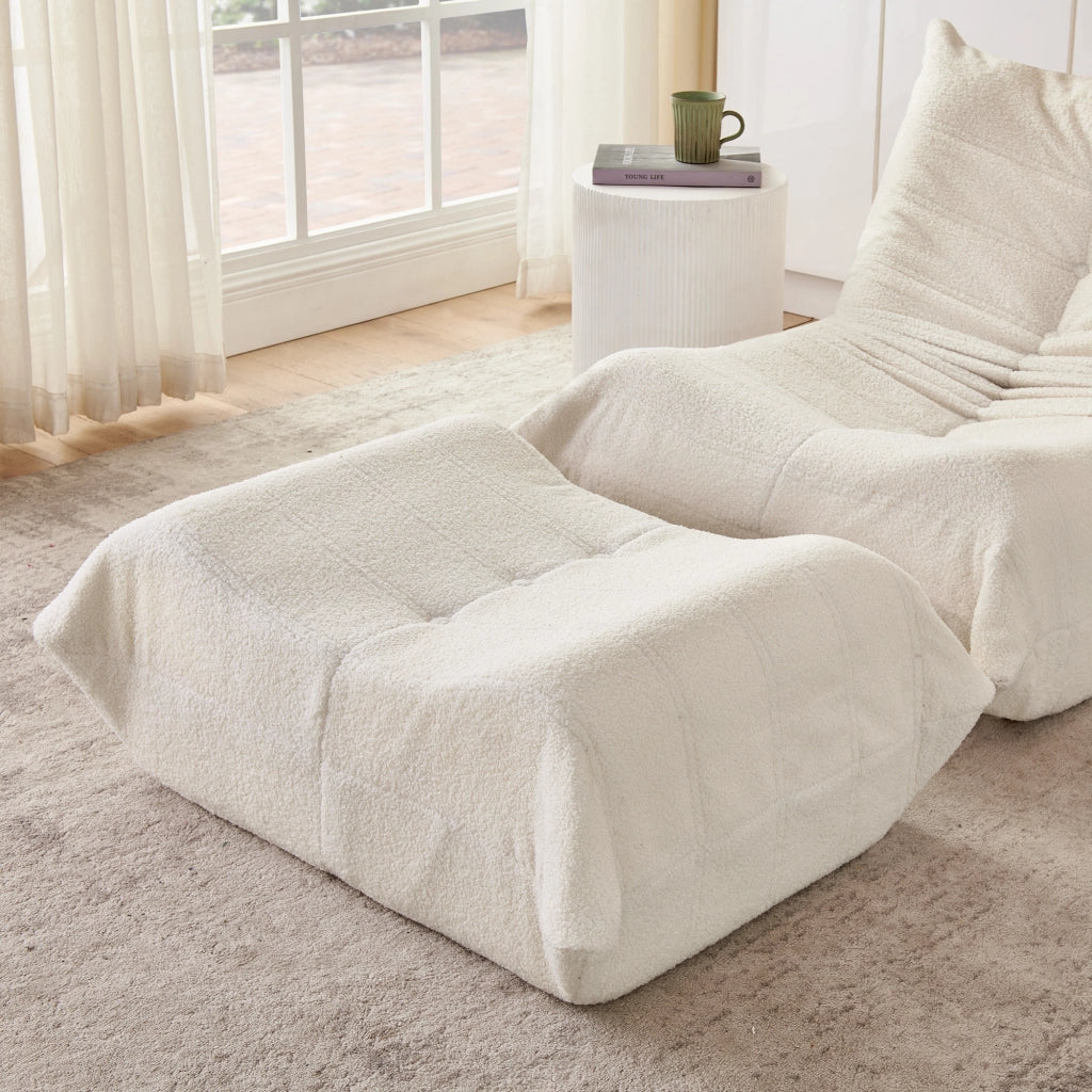 Lazy Sofa con schienale e poggiapiedi, poltrona relax in teddy effetto peluche, beige