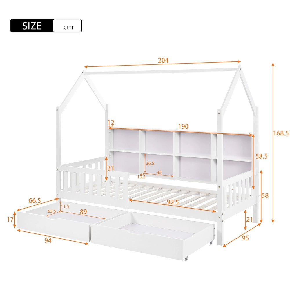Letto Casetta Bambini con Cassetti e Libreria ¨C Xylo ¨C Bianco 90x200
