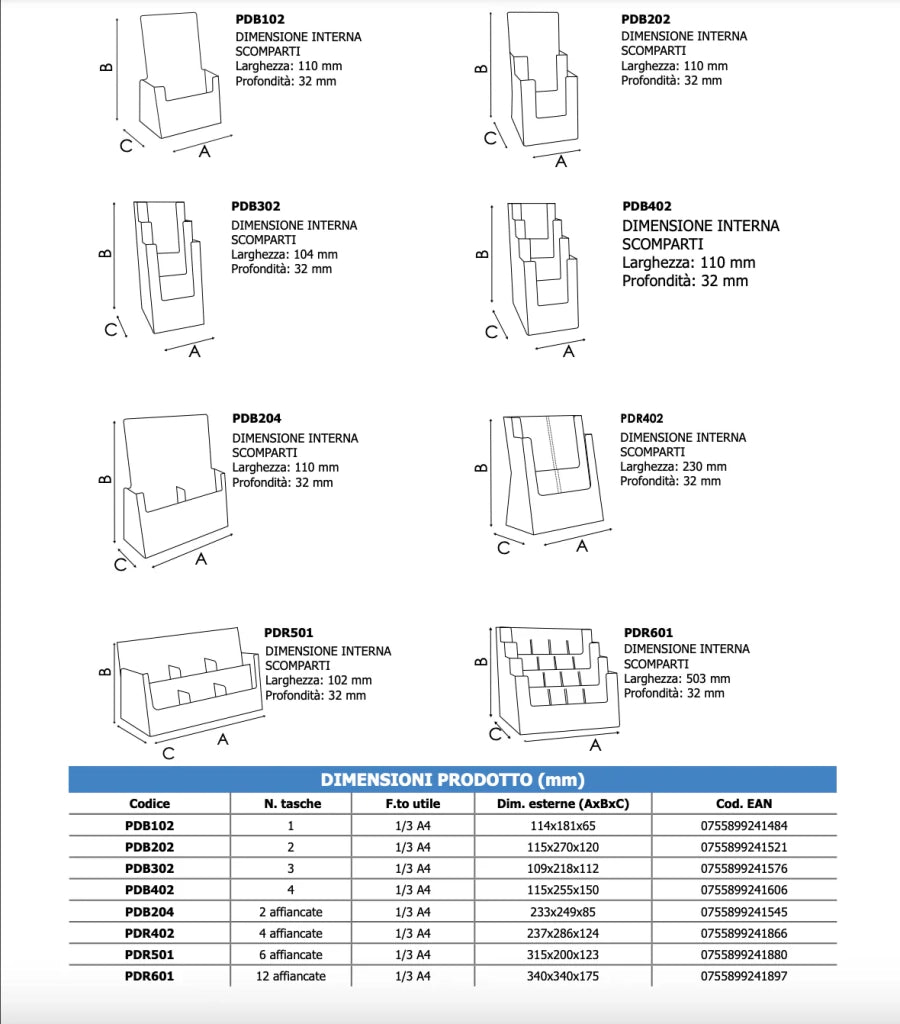 Porta depliant da banco in plexi 2 tasche 1/3 A4