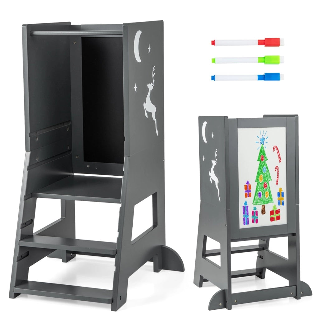 Torre per bambini con 3 penne lavagna bianca e nera piattaforma e gradino regolabili, Sgabello per bambini porta 70kg Grigio-Per i bambini