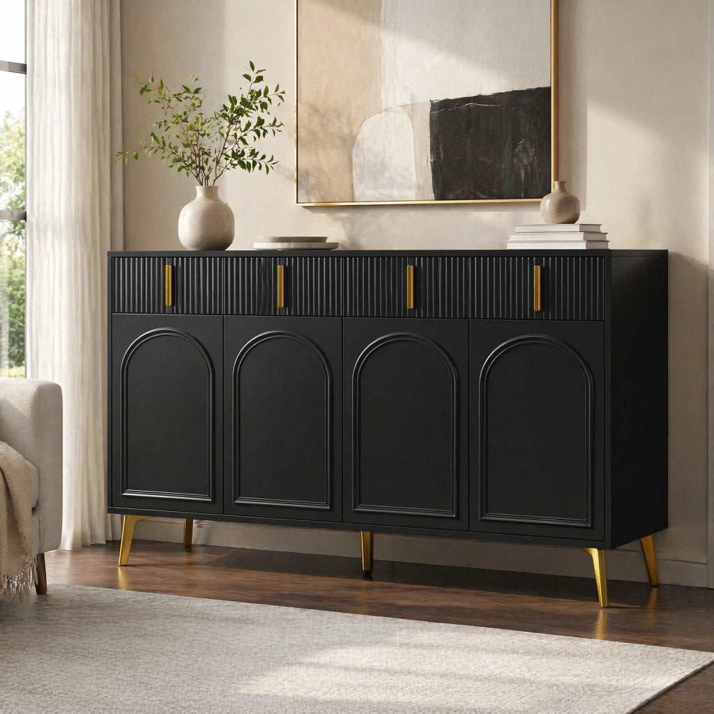 MADIA 140x38x82 cm 4 ante 4 cassetti MDF nero con dettagli oro