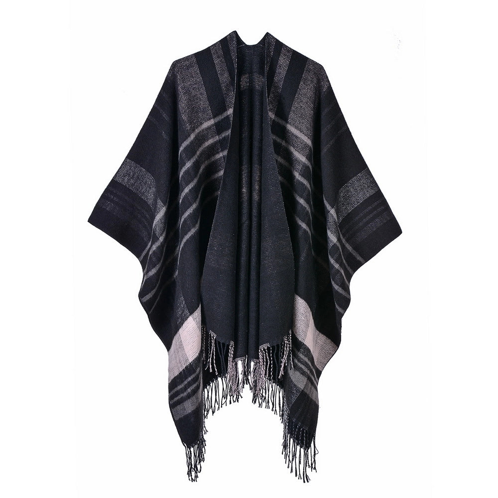 Sciarpa da donna, a quadri, con nappe alla moda, scialle caldo, mantella, due in uno