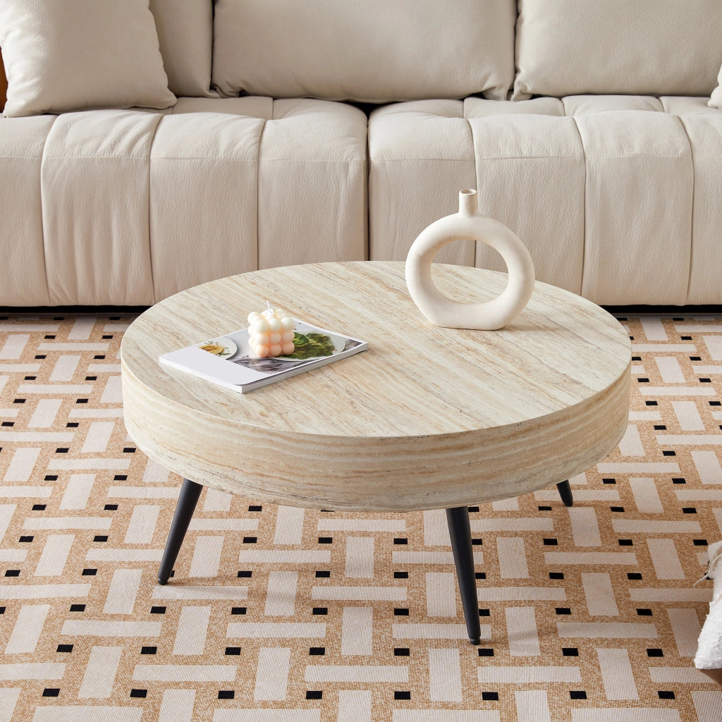 Tavolino rotondo da salotto 70 cm in MDF effetto travertino chiaro con gambe in metallo nere