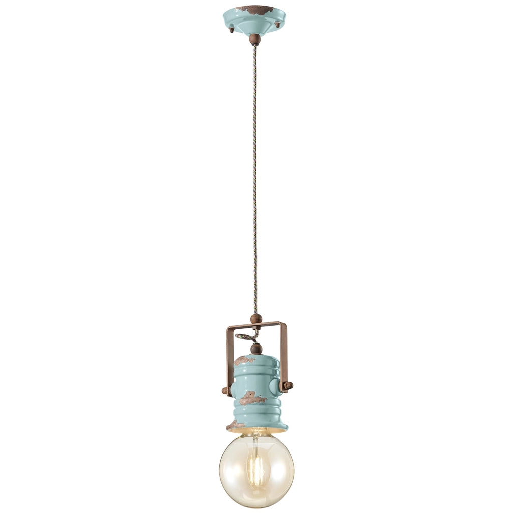 Lampadario Industrial Minimal Urban Ferro Ceramica Vintage Azzurro 1 Luce E27