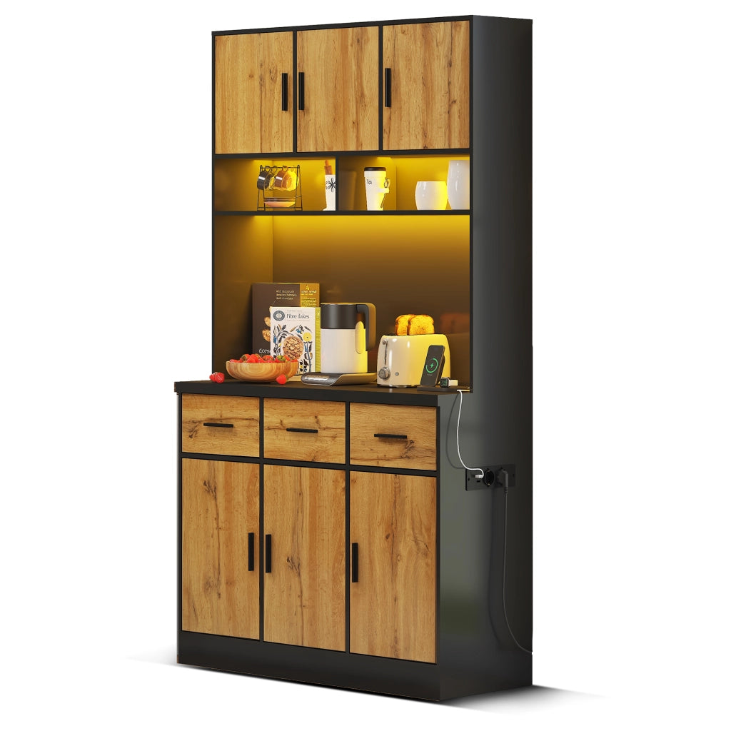 Mobile Dispensa 100x40x180 cm Nero e Legno con LED App, 2 Prese, 2 USB, 3 Cassetti e Ripiani