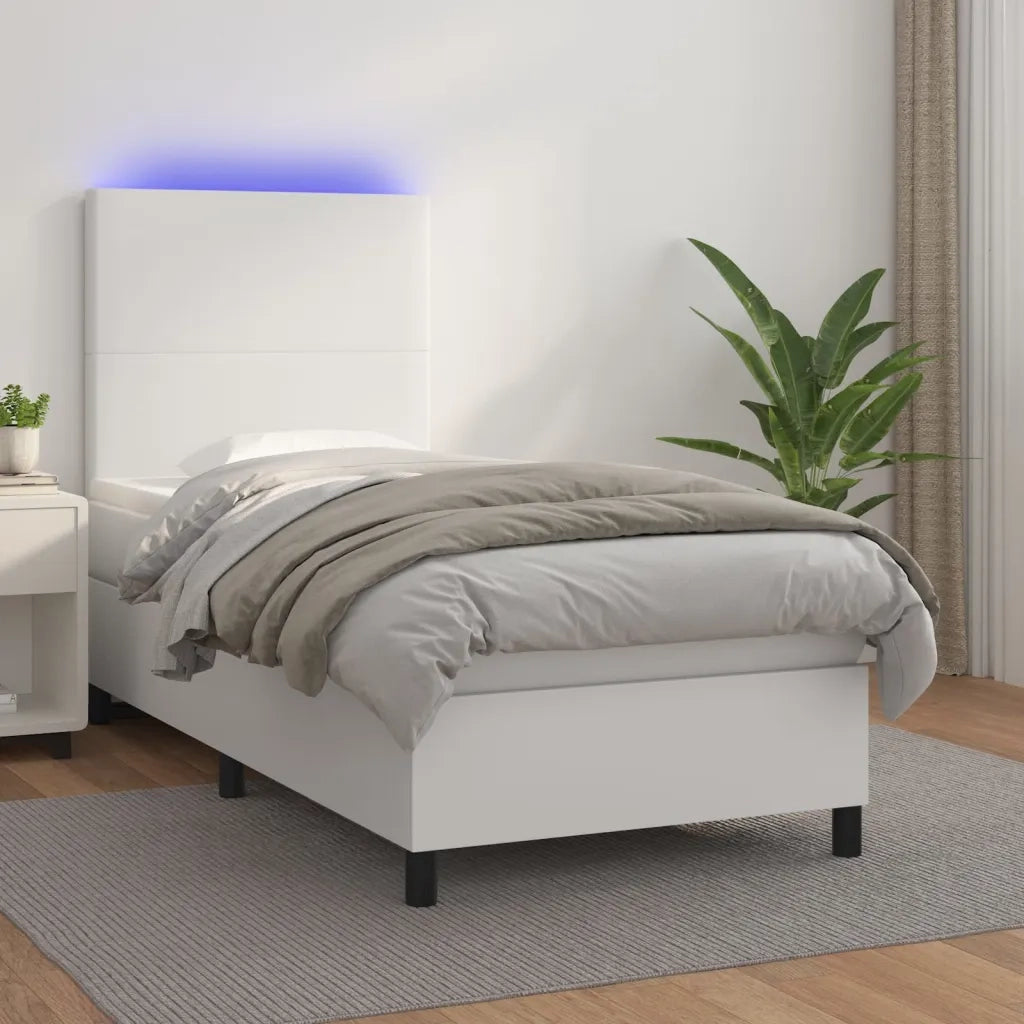 Letto singolo | Letto per adulti | Giroletto Molle con Materasso e LED Bianco 90x190 cm Similpelle
