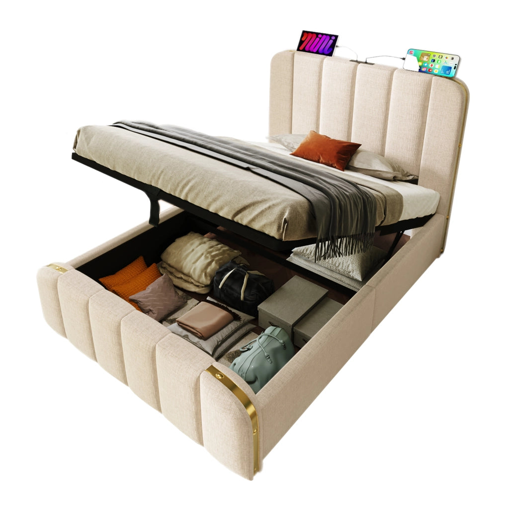 letto imbottito lino beige 90 x 200 cm