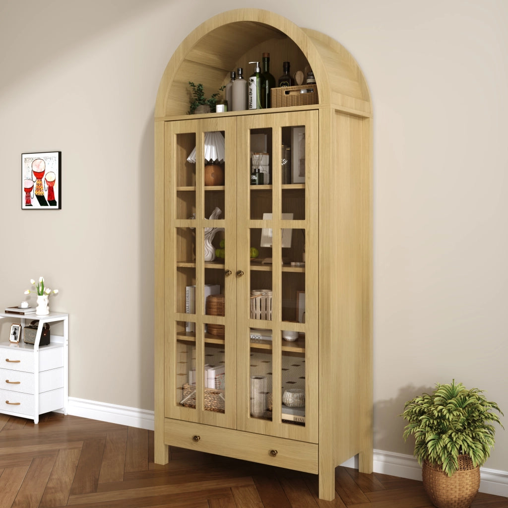 Vetrina ad Arco con 1 Cassetto e Ripiani per Soggiorno in MDF 75×35×170.5 cm Naturale