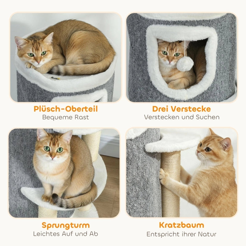 Torre per gatti da 101 cm, 3 livelli, 3 cucce per dormire, palline da gioco, tiragraffi, sisal, truciolato, grigio