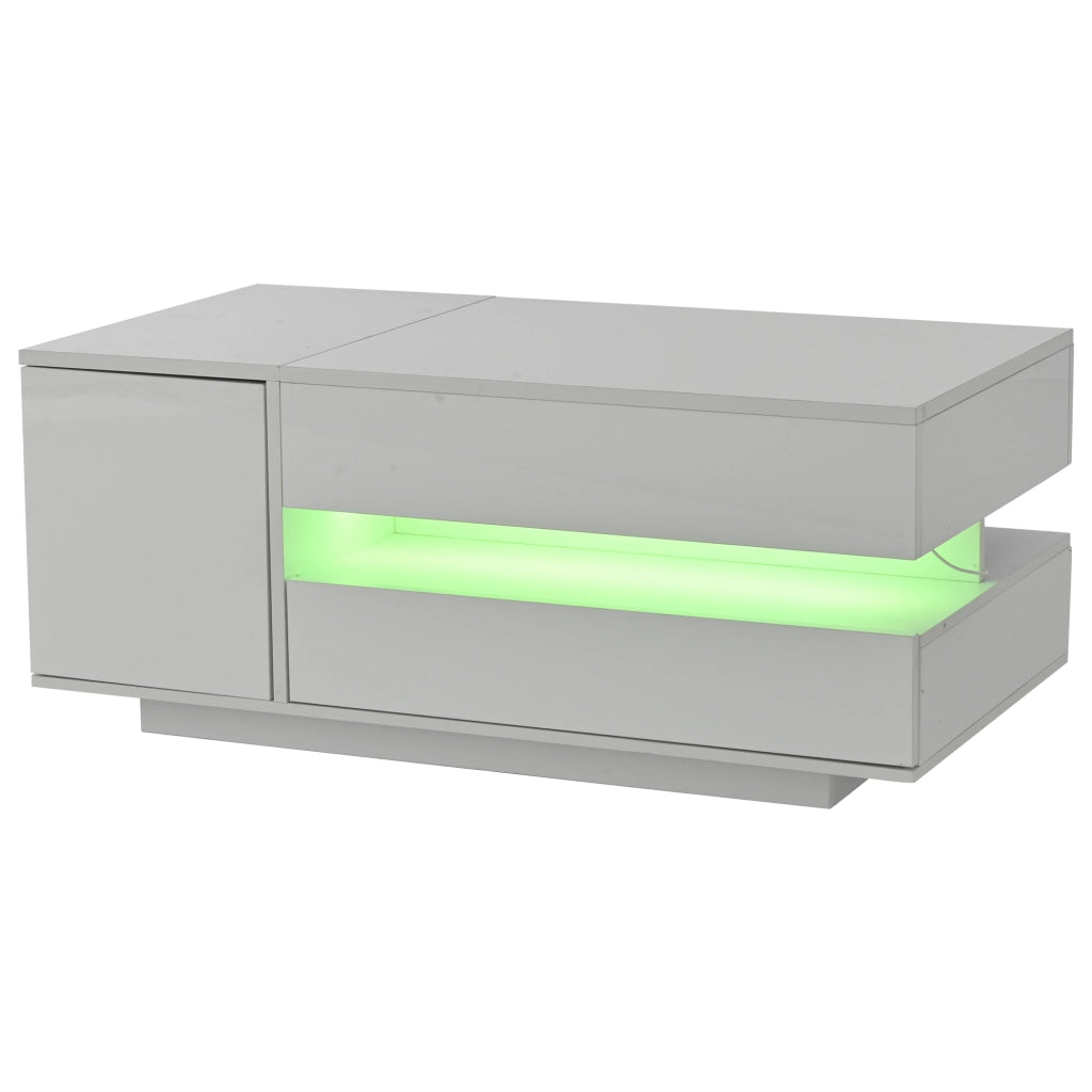 Tavolino da salotto sollevabile 90x50x34,5 cm, bianco lucido, cassetto, armadietto, vani nascosto/semiaperto e LED con app.