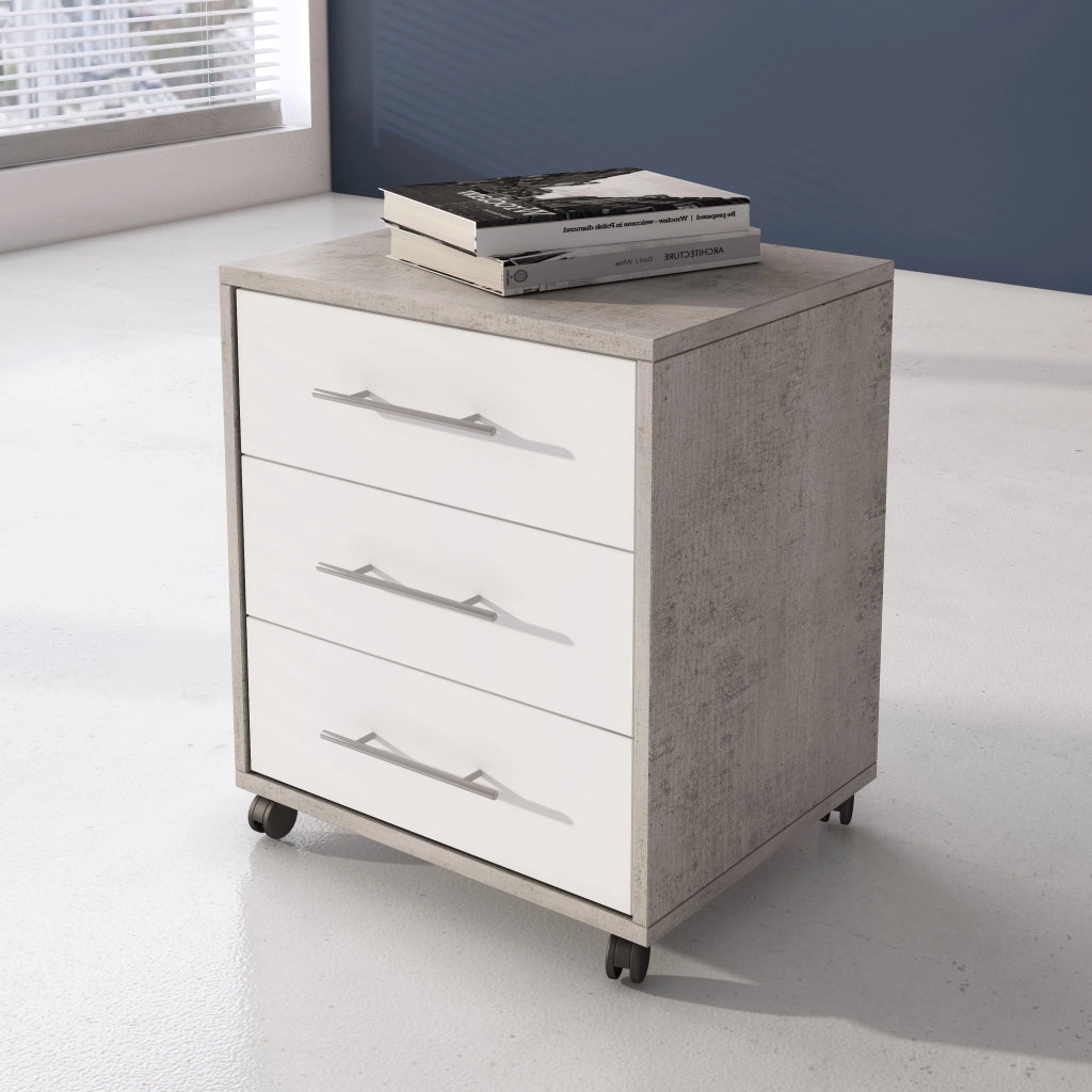Set Completo Per Ufficio Con 2 Scrivanie 1 Modulo Ad Angolo 1 Cassettiera Con Ruote 2 Armadi Alto E Basso 2 Librerie Alta E Bassa Finitura Bianco Frassinato E Grigio Cemento