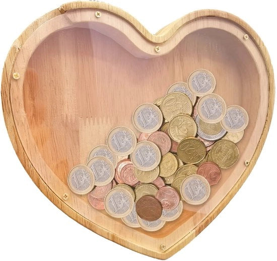 Pentola per Risparmiare in Legno - Forma a Cuore - Vetrina Translucida - Decorazione per Camera da Letto - Schedario per Monete - Adatto per Bambini - Cassa per Risparmi