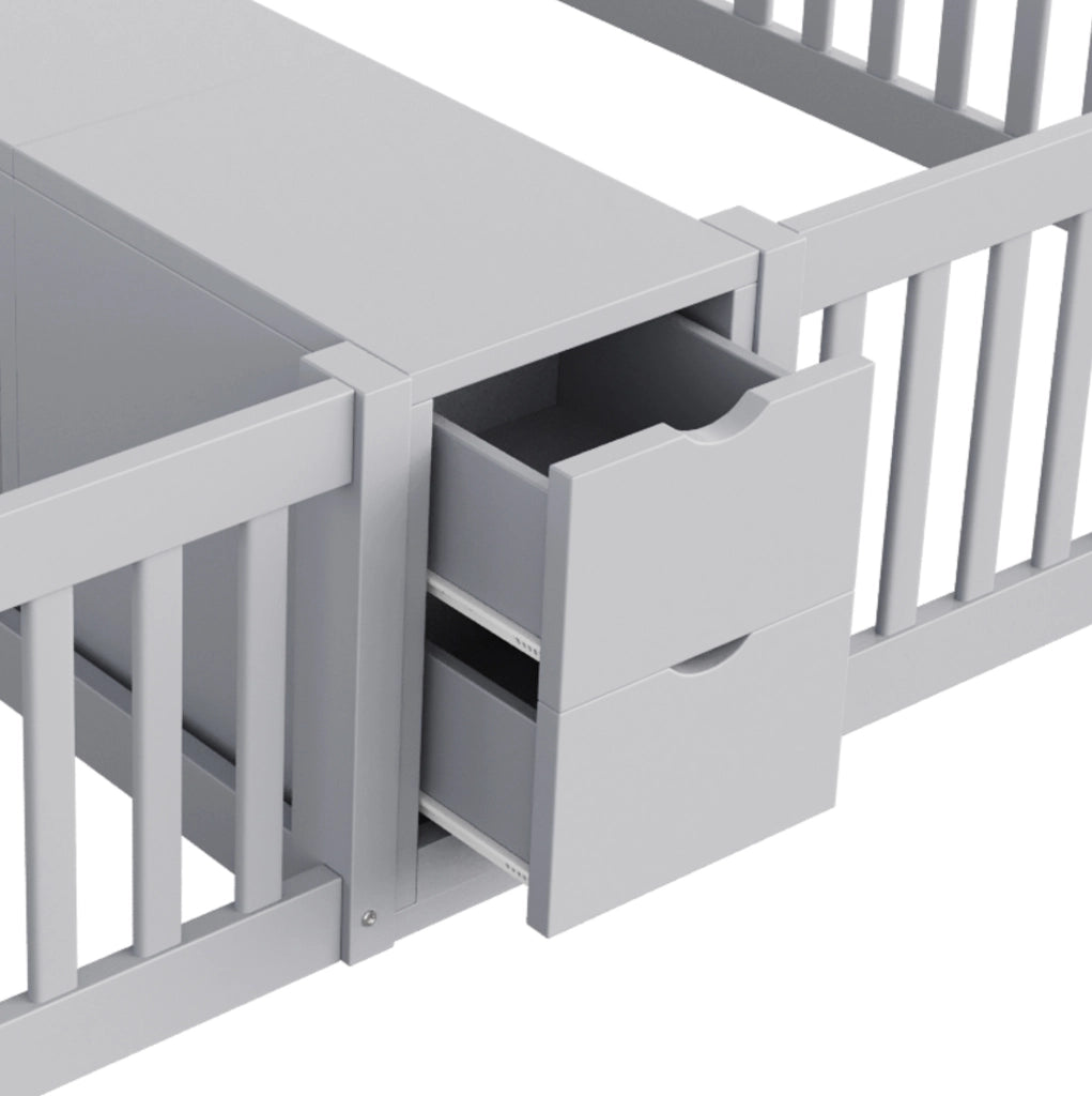 Letto doppio per bambini 90x200 cm con scaffale e 2 cassetti; in legno grigio