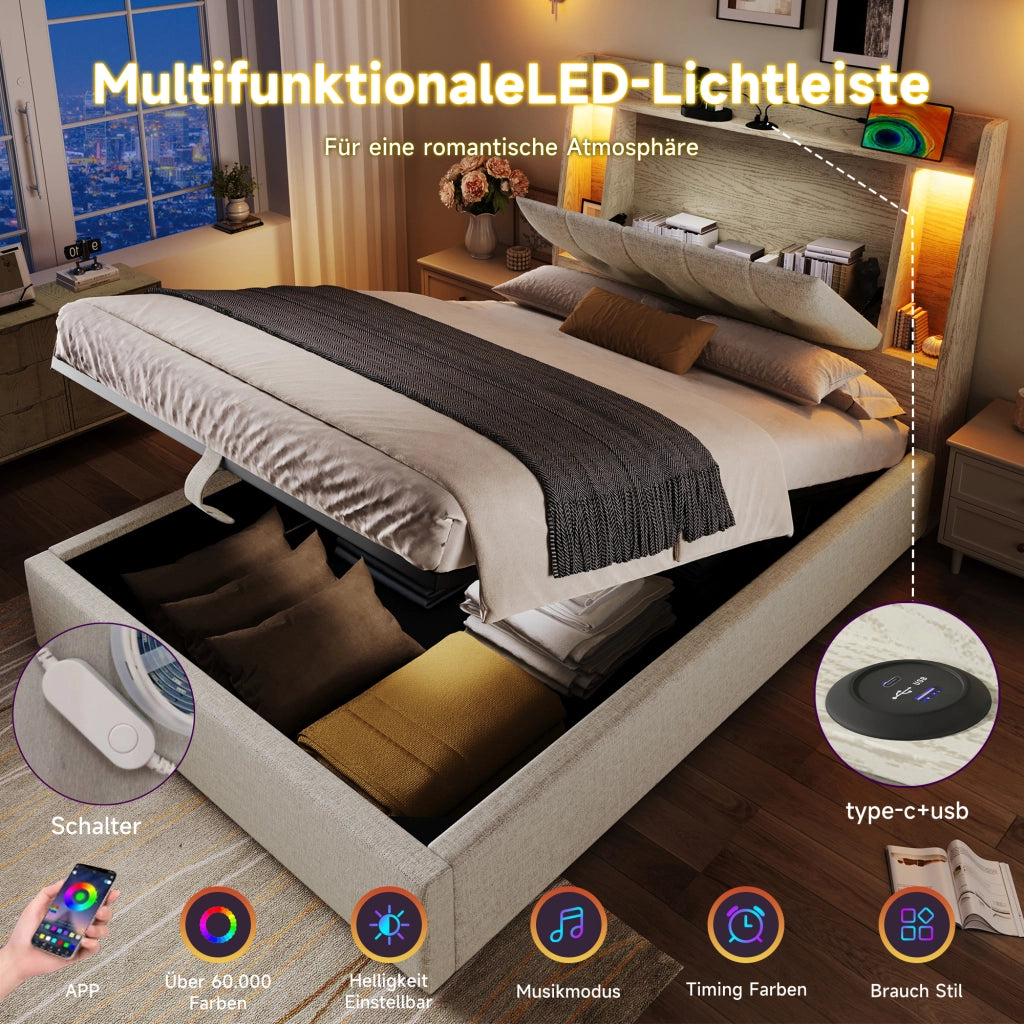 LETTO imbottito 90x200 cm Beige in lino e MDF con USB, LED e vano contenitore