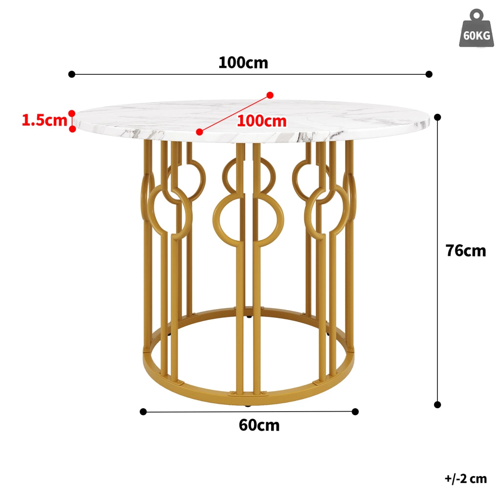 Tavolo da pranzo rotondo 100x100x76 cm in MDF e metallo, colore oro e bianco