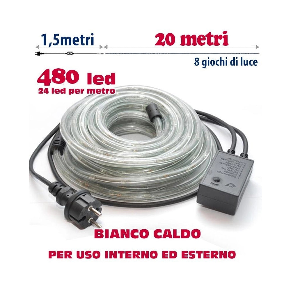 Trade Shop - Tubo Luminoso 20 Metri Led Bianco Caldo 480 Luci Per Interno E Per Esterno -