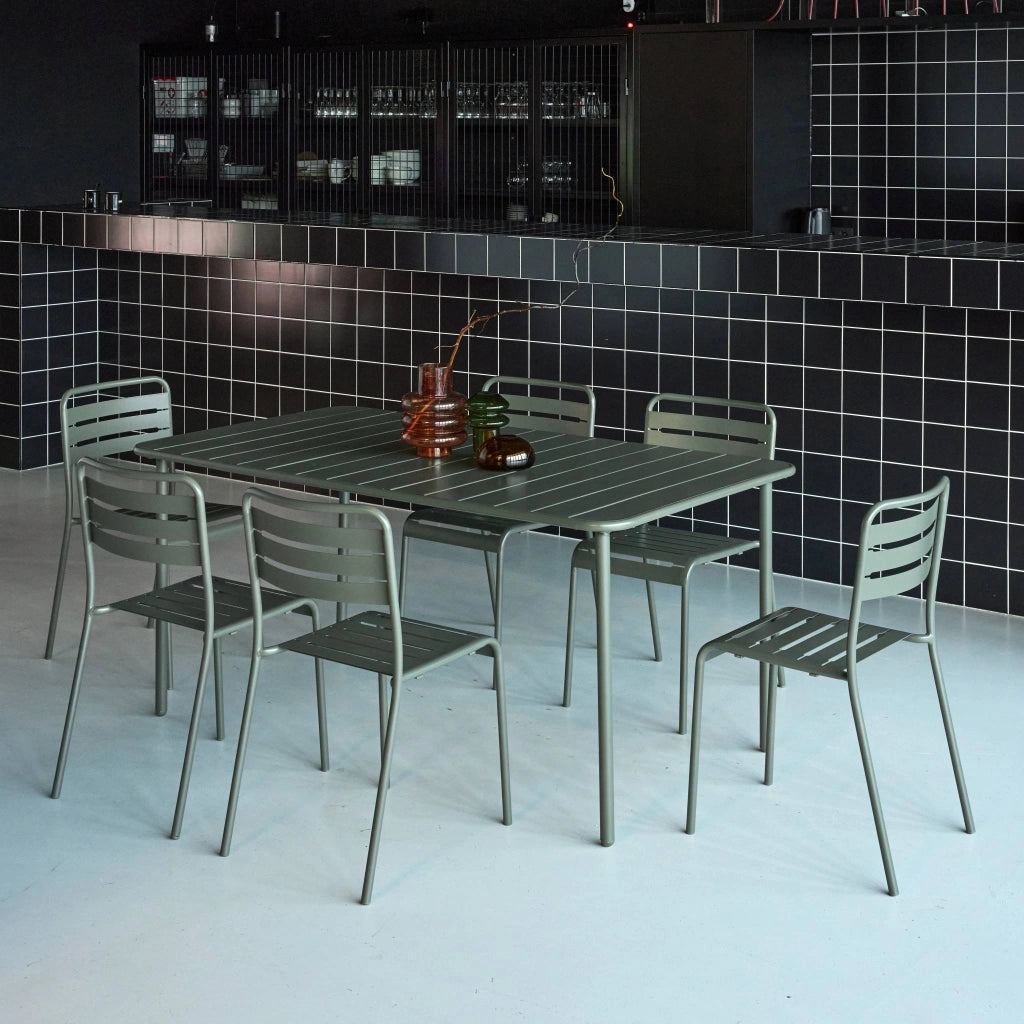 Set tavolo da giardino in acciaio con 6 sedie, 160cm, verde kaki
