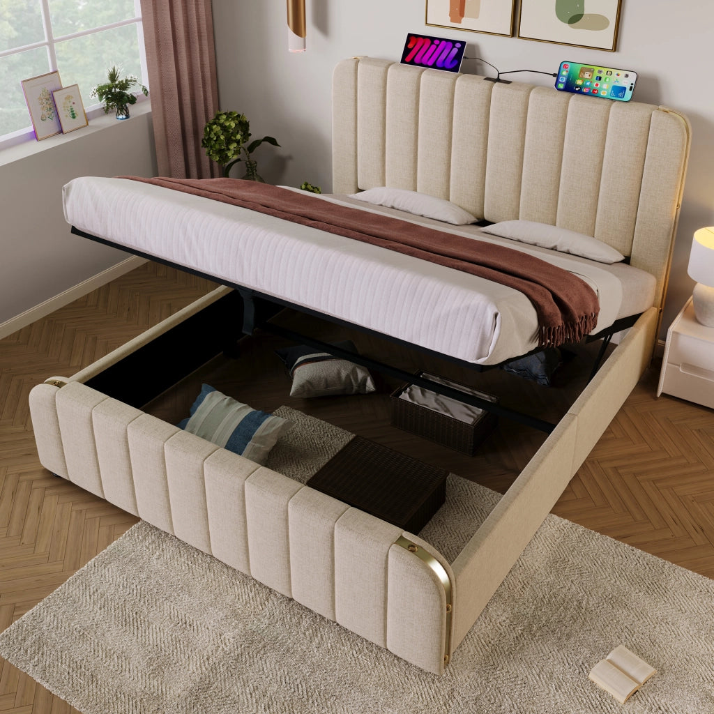 letto imbottito lino beige 160 x 200 cm
